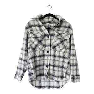 C by one Plaid Jacket XS Women Black White Wool Long sleeve button Up Thick